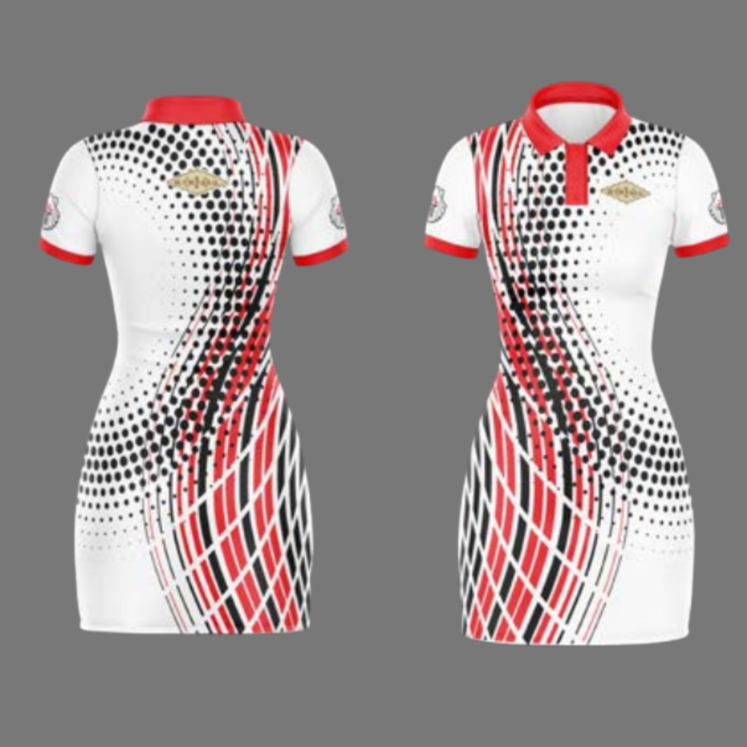 Methodist Golf Dress – White/Red/Black Halftone Dot & Diamond Grid